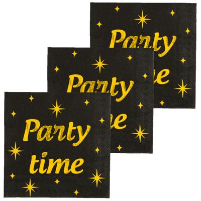 Verjaardag feest servetten - Party Time - 48x stuks - zwart/goud - 33 x 33 cm
