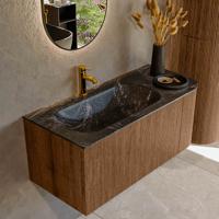Mondiaz KURVE-DLUX 105 cm Onderkast Greeploos 1 Lade Met Deuren Walnut, Wastafel Solid Surface Links Lava 1 Kraangat Zonder Spiegel (KRVBGS105R1L1D1KL-Wal/Lav)