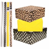 8x Rollen transparante folie/inpakpapier pakket - panterprint/geel/zwart met stippen 200 x 70 cm - Cadeaupapier - thumbnail