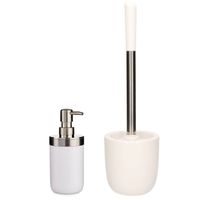WC-/toiletborstel en houder dolomiet wit met zeeppompje 350 ml - Badkameraccessoireset - thumbnail