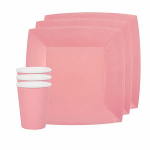 Feest/verjaardag servies set 10x bordjes en bekertjes - roze - karton