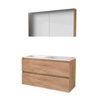 Basic-Line Comfort 46 Badkamermeubelset - 120 x 46 cm - Greeploos - 2 Lades - Acryl Wastafel - 2 Kraangaten - Spiegelkast - Whisky Oak