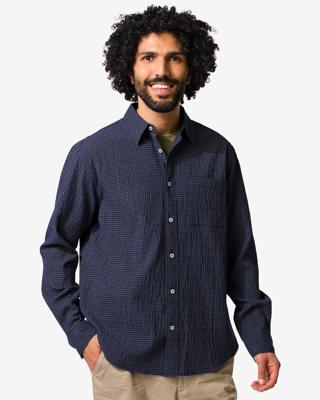 HEMA Herenoverhemd Maurice seersucker blokken donkerblauw (donkerblauw)
