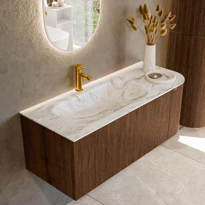 Badmeubel Mondiaz Kurve-Dlux | 115 cm | Meubelkleur Walnut | Wastafelkleur Glace | Solid surface | Links spoelbak | 1 kraangat