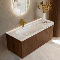 Badmeubel Mondiaz Kurve-Dlux | 115 cm | Meubelkleur Walnut | Wastafelkleur Glace | Solid surface | Links spoelbak | 1 kraangat
