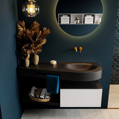 MONDIAZ RIVA 120cm badmeubel onderkast / planchet kleur Talc met 1 lade. Wastafel DULCET rechts 0 kraangaten kleur Urban. MONDIAZ RIVA 120cm badmeubel onderkast / planchet kleur Talc met 1 lade. Wastafel DULCET rechts 0 kraangaten kleur Urban.