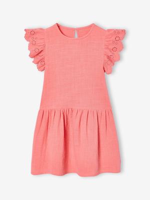 Meisjesjurk van katoengaas met korte geborduurde mouwen koraal Meisjesjurk van katoengaas met korte geborduurde mouwen koraal