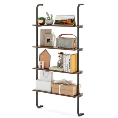 4-Laags Zwevend Wandrek Ladderrek Wandmontage Zwevend Rek Hout met Metalen Frame 70 x 20,5 x 150 cm