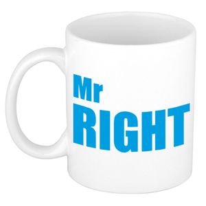 Mr right cadeau mok / beker wit met blauwe letters 300 ml