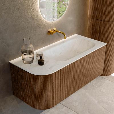 Mondiaz KURVE-DLUX 105 cm Onderkast Greeploos 1 Lade Met Deuren Walnut, Wastafel Solid Surface Rechts Opalo 0 Kraangaten Zonder Spiegel (KRVBGS105L1L1D0KR-Wal/Opa)