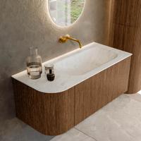 Mondiaz KURVE-DLUX 105 cm Onderkast Greeploos 1 Lade Met Deuren Walnut, Wastafel Solid Surface Rechts Opalo 0 Kraangaten Zonder Spiegel (KRVBGS105L1L1D0KR-Wal/Opa)