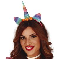 Fiestas Verkleed haarband Unicorn/eenhoorn - regenboog gekleurd - meisjes/dames - met bloemen   -