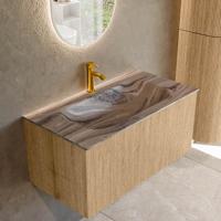 Badmeubel Mondiaz Kurve-Dlux | 90 cm | Meubelkleur Oak | Wastafelkleur Sombra | Solid surface | Wasbak midden spoelbak | 1 kraangat