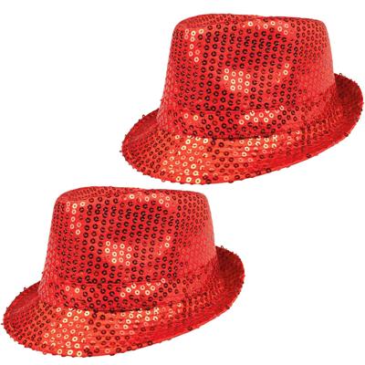 Boland Carnaval verkleed trilby hoedje - 2x - pailletten - Rood - volwassenen - Glitter and Glamour