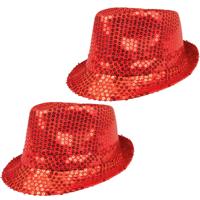 Boland Carnaval verkleed trilby hoedje - 2x - pailletten - Rood - volwassenen - Glitter and Glamour