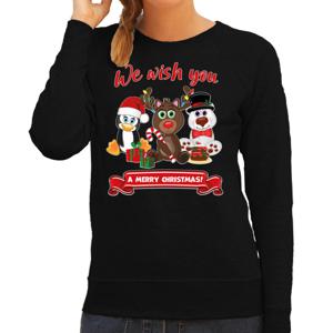 Foute Kersttrui/sweater voor dames - We wish you - zwart - kerst dieren - kerst cadeau