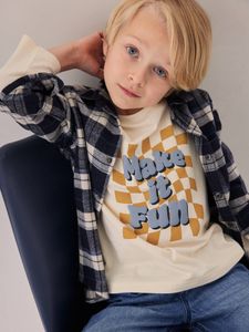 T-shirt met geruite boodschap voor jongens in zwelinkt ecru