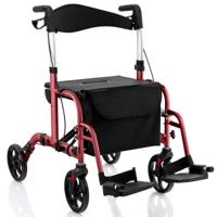 Rollator Opvouwbaar en Licht met Zitting 2-In-1 Rolstoel & Reisrollator Loophulp 6-Voudig in Hoogte Verstelbaar Wandelwagen (Rood)