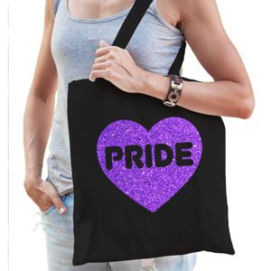 Bellatio Decorations Gay Pride tas dames - zwart - katoen - 42 x 38 cm - paars glitter hart - LHBTI   -