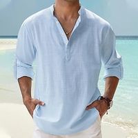 Voor heren linnen overhemd Popover-shirt Normaal shirt Overhemd met bandkraag Strand hemd Zwart Wit Blozend Roze blauw Lange mouw Effen Henley Lente zomer Hawaii Feestdagen Kleding Lightinthebox