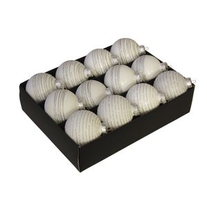 12x Luxe glazen gedecoreerde witte kerstballen met streep 7,5 cm   -