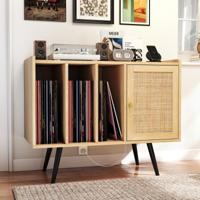 Rieten Platenspelerstandaard met Oplaadstation Vinyl Platenspeler Tafel voor 220 Platen Natuur