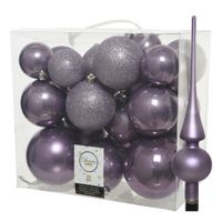 Set van 26x stuks kunststof kerstballen incl. glazen piek mat lila paars