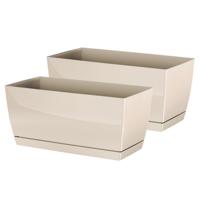 Plantenpot/bloempot met opvangschaal - 2x - kunststof - beige - 40 x 19 x 18 cm - binnen/buiten