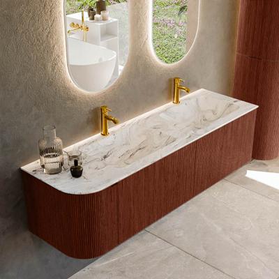 Badmeubel Mondiaz Kurve-Dlux | 155 cm cm | Meubelkleur Ruby | Wastafelkleur Glace | Solid surface | Dubbel / Rechts spoelbak | 2 kraangaten