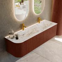 Badmeubel Mondiaz Kurve-Dlux | 155 cm cm | Meubelkleur Ruby | Wastafelkleur Glace | Solid surface | Dubbel / Rechts spoelbak | 2 kraangaten