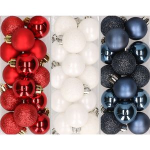 42x stuks kleine kunststof kerstballen mix rood, wit en blauw 3 cm