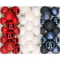 42x stuks kleine kunststof kerstballen mix rood, wit en blauw 3 cm
