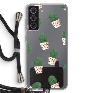 Cactusprint roze: Samsung Galaxy S21 FE Transparant Hoesje met koord
