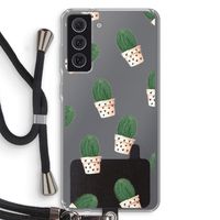 Cactusprint roze: Samsung Galaxy S21 FE Transparant Hoesje met koord