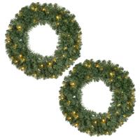Decoris Kerstkrans - 2x - groen - warm witte verlichting - timer - 60 cm Decoris Kerstkrans - 2x - groen - warm witte verlichting - timer - 60 cm