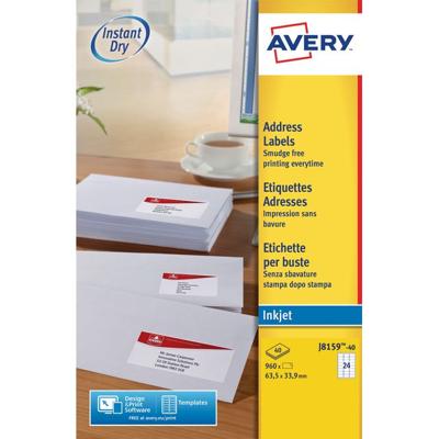 Etiket avery j8159-40 63.5x33.9mm wit 960stuks Etiket avery j8159-40 63.5x33.9mm wit 960stuks