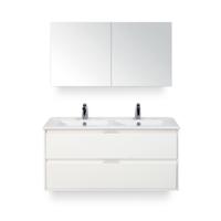 Porto Badmeubelset 120 cm - 2 laden Wit Hoogglans - Keramische Wastafel Wit Slim - met Spiegelkast