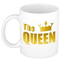The queen cadeau mok / beker wit met gouden kroon en letters 300 ml   -