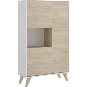 3-deurs hoog dressoir - Eiken en wit decor - NESS - B 81 x D 43 x H 135 cm