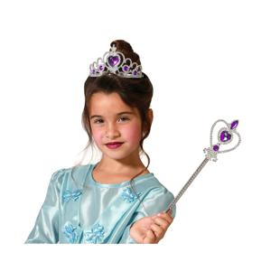 Carnaval verkleed Tiara/diadeem - Prinsessen kroontje met toverstokje - zilver/paars - meisjes