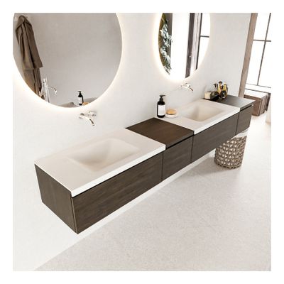 Mondiaz Bukla 240cm badmeubel met module 40 links dark brown 4 lades met wastafel dubbel zonder kraangat kleur talc