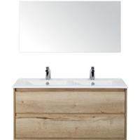 Porto Badmeubelset 120 cm - 2 Laden Natuur Eiken - Keramische Wastafel Wit Slim met Spiegel