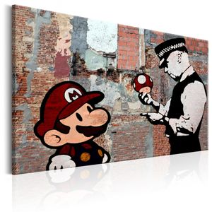 Schilderij - Mario en Politieagent op rode muur , Banksy , steenlook