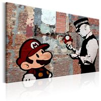 Schilderij - Mario en Politieagent op rode muur , Banksy , steenlook - thumbnail