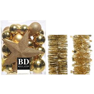 Kerstversiering kerstballen 5-6-8 cm met ster piek en folieslingers pakket goud van 35x stuks - Kerstbal