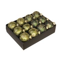 12x Glazen gedecoreerde donkergroen met gouden kerstballen 7,5 cm - Kerstbal - thumbnail