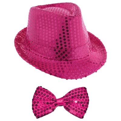 Carnaval verkleed setje - glitter hoedje en vlinderstrikje - fuchsia roze - volwassenen - pailletten Carnaval verkleed setje - glitter hoedje en vlinderstrikje - fuchsia roze - volwassenen - pailletten