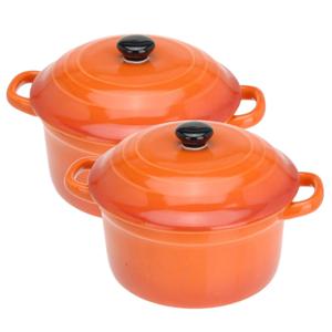 Set van 2x stuks mini stoofpannetjes/ovenschaaltjes met deksel oranje 9 cm van porselein