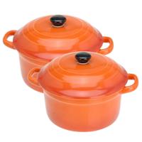 Set van 2x stuks mini stoofpannetjes/ovenschaaltjes met deksel oranje 9 cm van porselein