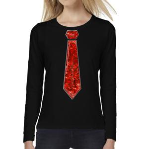 Verkleed shirt voor dames - stropdas pailletten rood - zwart - carnaval - foute party - longsleeve